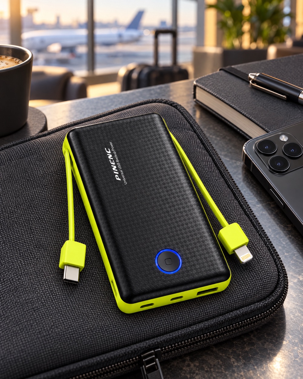 Cena ilustrativa de viagem com um power bank parecido com o AJ-C04